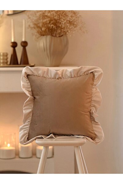 Hestia Home Βελούδινη μαξιλαροθήκη με βολάν 40x40 εκ. Μπεζ-Κρεμ