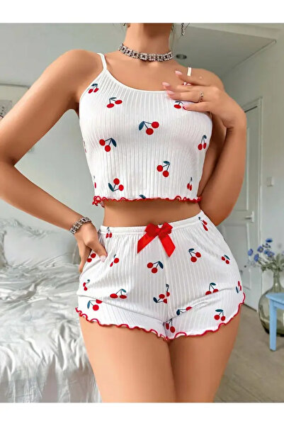 Bleu Petite Cherry Patterned Combed Cotton Women's Shorts Pajama Set