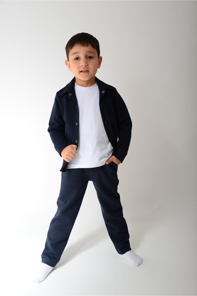 KİDSPİTİRCİK Boys' Dark Blue Slim Fit Lycra Shirt + Bib + Jagger Bottom Set (100% Cotton)