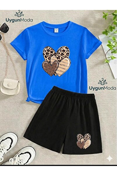 UygunModa 3 Leopard Heart Printed T-Shirt Shorts Summer Children's Set