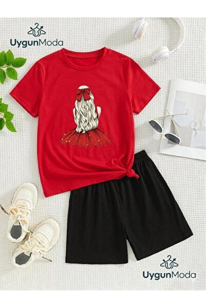 UygunModa Yellow Hair Girl Printed T-Shirt Shorts Summer Children's Set