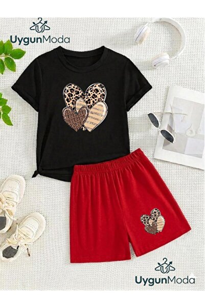 UygunModa 3 Leopard Heart Printed T-Shirt Shorts Summer Children's Set