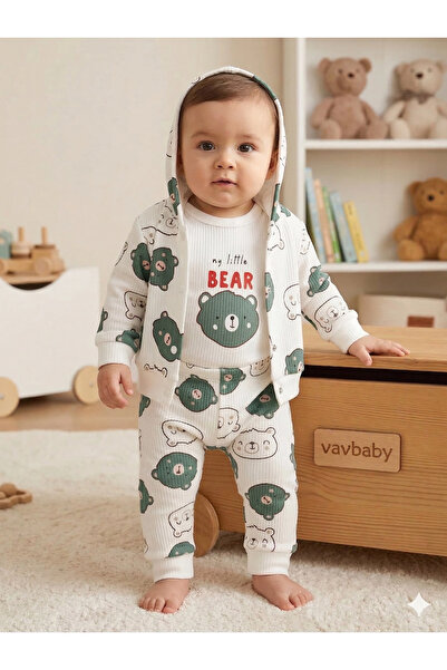 VaVbaby Teddy Bear Patterned 3-Piece Baby Set - Hooded Cardigan, Bodysuit and...