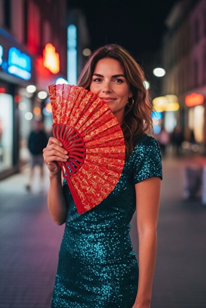 YELPAZE DÜNYASI Yelpaze Kırmızı Yaldızlı Gece Yelpazesi