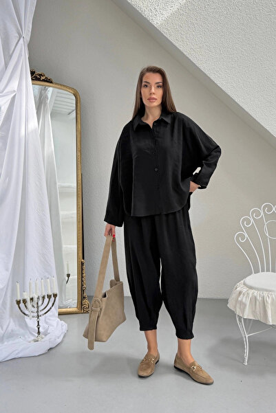 Lusin Γυναικείο Μαύρο Κομψό Πουκάμισο από Ύφασμα Tensel, Παντελόνι Σαλβάρ, Σε...