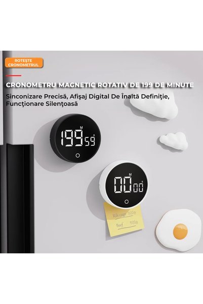 TRUE MARK - Timer Digital LED Multifuncțional, Cronometru, Alarmă Sonoră, Magnet, NEGRU
