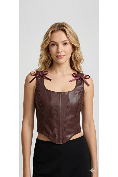 donamod Γυναικείο καφέ δερμάτινο μπουστάκι άνετο, με εφαρμογή για όλα τα μεγέθη