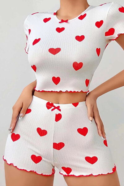 Bleu Petite White Color Heart Patterned Combed Cotton Women's Shorts Pajama Set