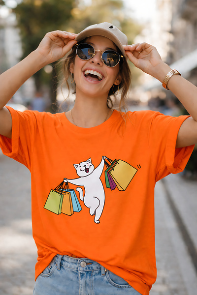 ArtYus Μπλουζάκι Unisex Oversize με στάμπα Joyful Cat Shopping – Βαμβακερό T-...