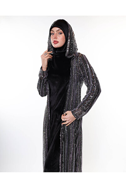 HARİKA WEAR Kristallerle elle süslenmiş Siyah tül ferace