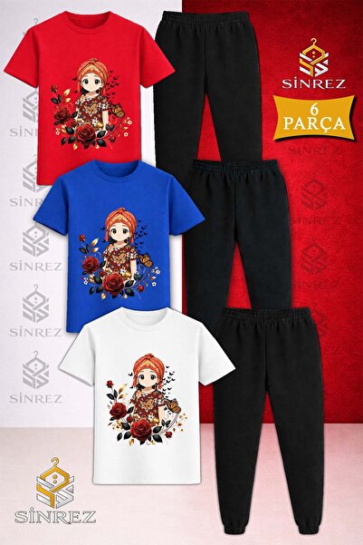 SİNREZ Children's Jiyn Anime Girl Printed 3-Piece T-Shirt Tracksuit Set