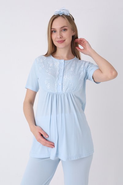 ERDENİZ TEKSTİL Maternity Pajamas Dressing Gown 3-Piece Set Jacquard Textured Lace Breasted Buttoned Breastfeeding Cotton Viscose