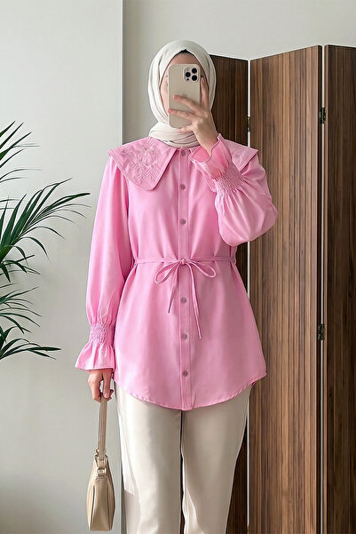 MODAQU Κεντημένο πουκάμισο ποπλίνα με κουμπιά στο γιακά - Ροζ