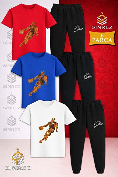 SİNREZ Children's Basketball Player Flame Printed 3-Piece T-Shirt Tracksuit Set