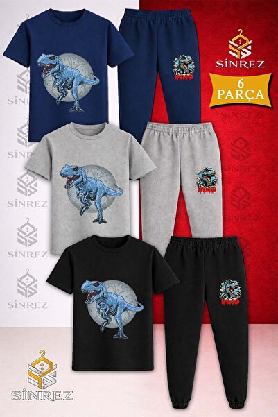 SİNREZ Set de trening cu tricou imprimat 3 piese pentru copii DINOSAUR BLUE C...