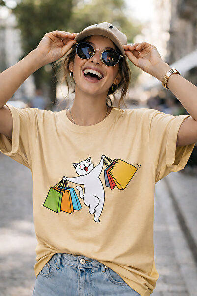 ArtYus Μπλουζάκι Unisex Oversize με στάμπα Joyful Cat Shopping – Βαμβακερό T-...