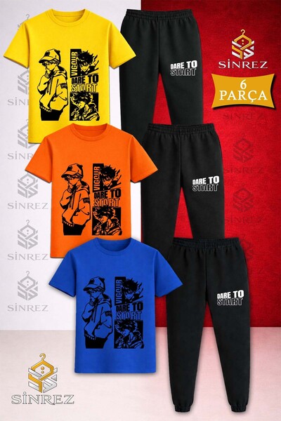 SİNREZ Children's Dare to Start Black Printed 3-Piece T-Shirt Tracksuit Set