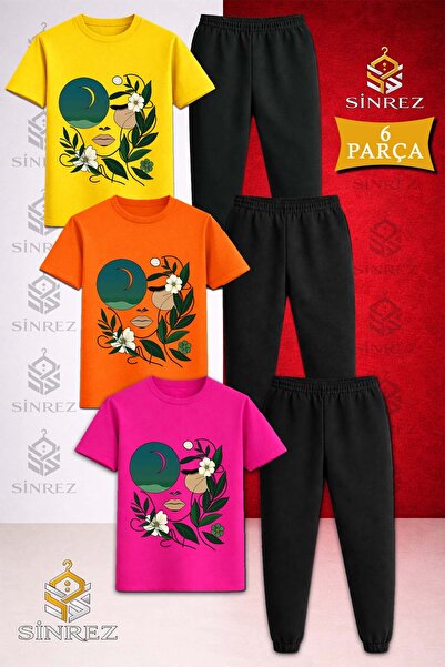 SİNREZ Children's Cicekten Green Girl Yuzu Printed 3-Piece T-Shirt Tracksuit Set