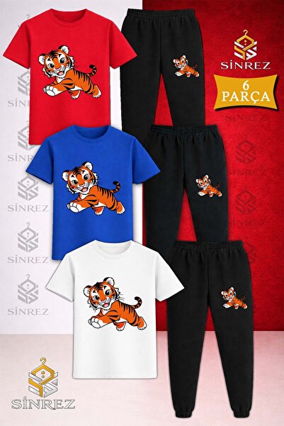 SİNREZ Children's Tiger Drawing Cute Printed 3-Piece T-Shirt Tracksuit Set