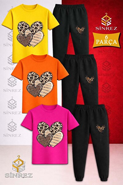 SİNREZ Çocuk KALPLER LEOPAR DESENLI Baskılı 3Lü Tişort Eşofman Takımı