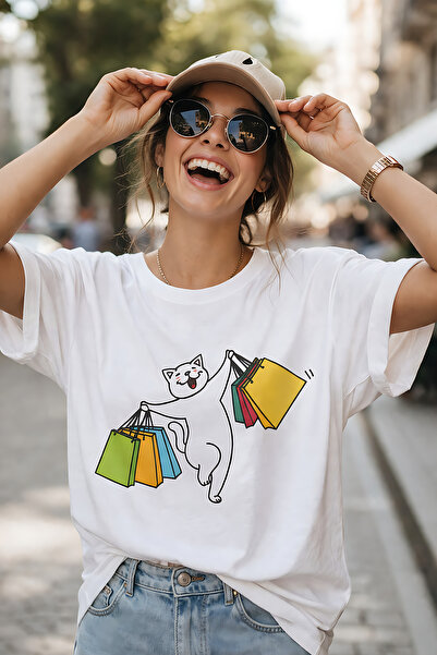 ArtYus Μπλουζάκι Unisex Oversize με στάμπα Joyful Cat Shopping – Βαμβακερό T-...