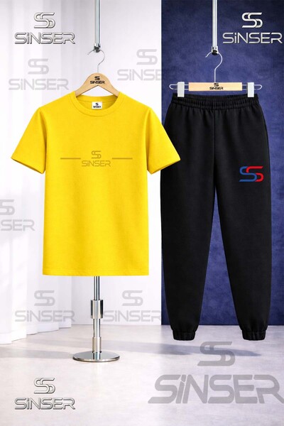 SS SİNSER Children's Gold Striped Printed T-Shirt Tracksuit Set