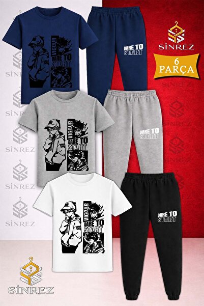 SİNREZ Children's Dare to Start Black Printed 3-Piece T-Shirt Tracksuit Set