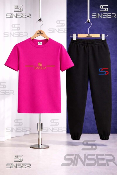 SS SİNSER Children's Gold Striped Printed T-Shirt Tracksuit Set
