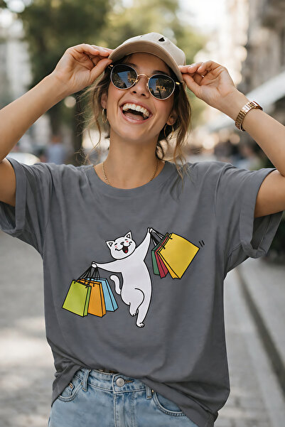 ArtYus Μπλουζάκι Unisex Oversize με στάμπα Joyful Cat Shopping – Βαμβακερό T-...