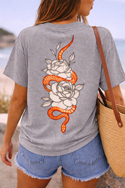 ArtYus Μπλουζάκι Unisex Oversize με στάμπα φιδιού και λουλουδιών στην πλάτη –...