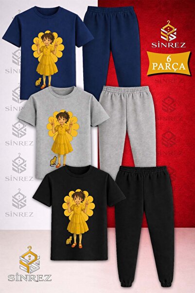 SİNREZ Children's Havn Girl Anime Printed 3-Piece T-Shirt Tracksuit Set