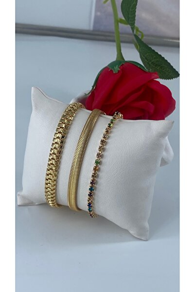 ERH 3’lü Gold Bileklik Seti – Taşlı & Modern Tasarım Kombin Bileklik