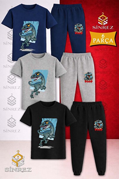 SİNREZ Children's Dinosaur Turquoise Canvas Printed 3-Piece T-Shirt Tracksuit...