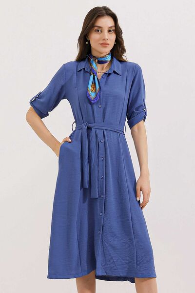 Hiccup BDART Textured Midi Dress with Shirt Collar and Bow