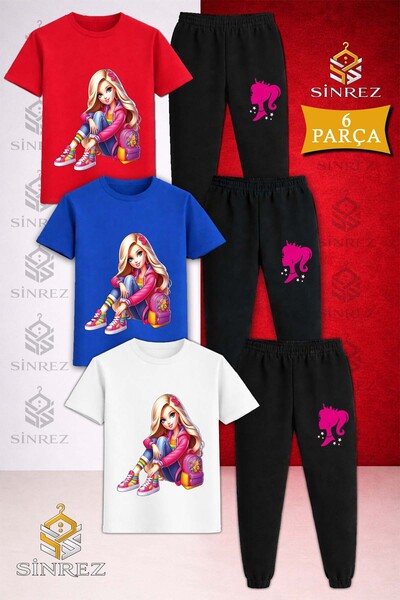 SİNREZ Set de trening cu tricou imprimat 3 piese pentru copii PRINCESS SITTIN...