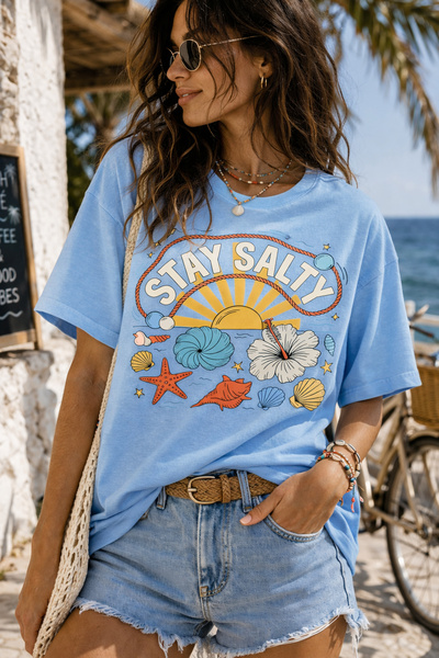 ArtYus Stay Salty Sea-Themed Printed Unisex Oversize T-Shirt – Cotton Crew Ne...