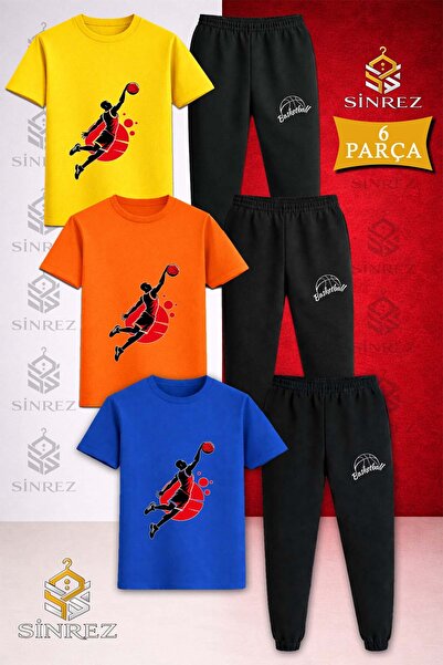 SİNREZ Children's Basketball Player Black Red Printed 3-Piece T-Shirt Tracksu...