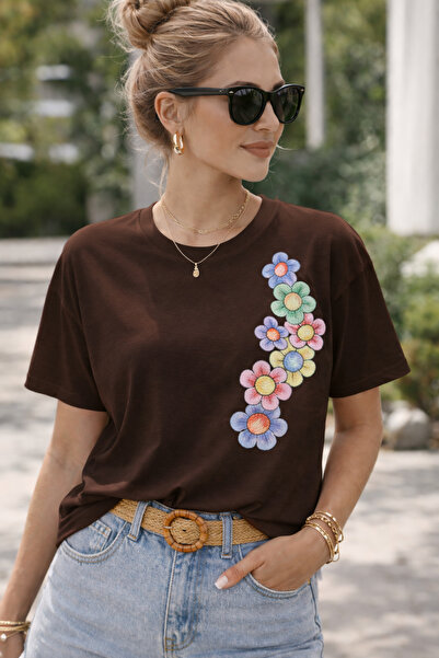 ArtYus Μπλουζάκι Unisex Oversize με φλοράλ σχέδια και στάμπα στο πλάι – Βαμβα...