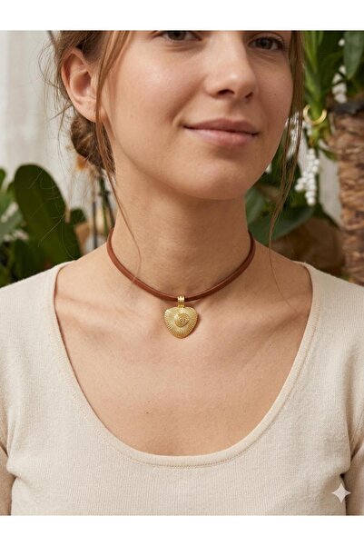 Vintage Takıhane Gold Altın Rengi Kahverengi Deri Choker