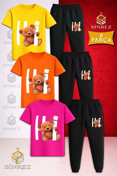 SİNREZ Set de trening pentru copii, 3 piese, cu tricou imprimat cu ursuleț de...