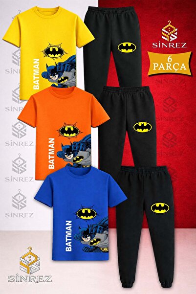 SİNREZ Children's Btmen Side Punch Writing Large Printed 3-Piece T-Shirt Trac...