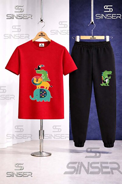 SS SİNSER طقم تي شيرت مطبوع عليه رسومات حيوانات للأطفال من ANIMAL UST USTE COKLU