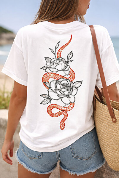 ArtYus Μπλουζάκι Unisex Oversize με στάμπα φιδιού και λουλουδιών στην πλάτη –...