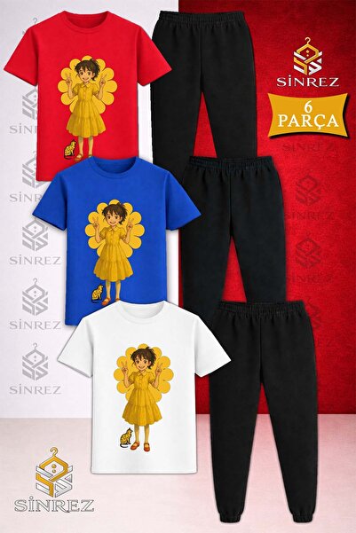 SİNREZ Children's Havn Girl Anime Printed 3-Piece T-Shirt Tracksuit Set