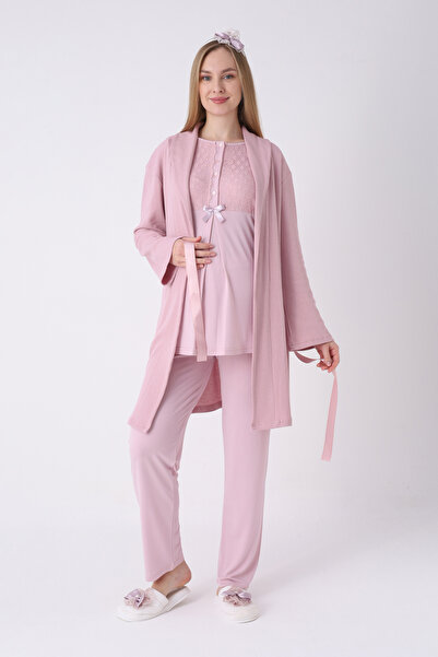 ERDENİZ TEKSTİL Lohusa Pijama Sabahlık 3'lü Takım Waffle Dokulu Dantel Göğüsl...