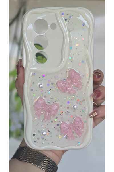 Magic Ring Redmi 15 Uyumlu Pembe Fiyonk & İnci Detaylı Simli Epoksi Telefon K...