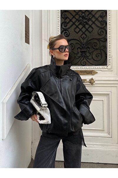 Ekim Store Δερμάτινο μπουφάν με όρθιο γιακά και oversize σχέδιο