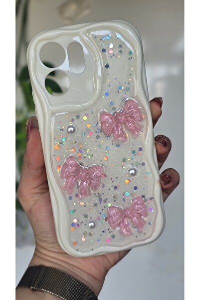 Magic Ring Oppo Reno 14F Uyumlu Pembe Fiyonk & İnci Detaylı Simli Epoksi Tele...