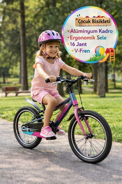 TOYFEST 16 Jant Çocuk Bisikleti Antrasit Pembe Alüminyum Kadro V Fren Ergonom...