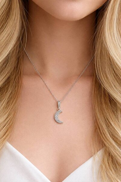 Minne Jewelry-Accessory Moon Necklace - Minimal Moon Necklace - Steel Moon Necklace - Zircon Stone Moon Necklace - Necklace